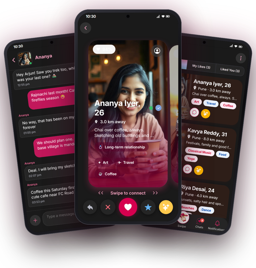 Lockin app screens: chat, swipe card and likes